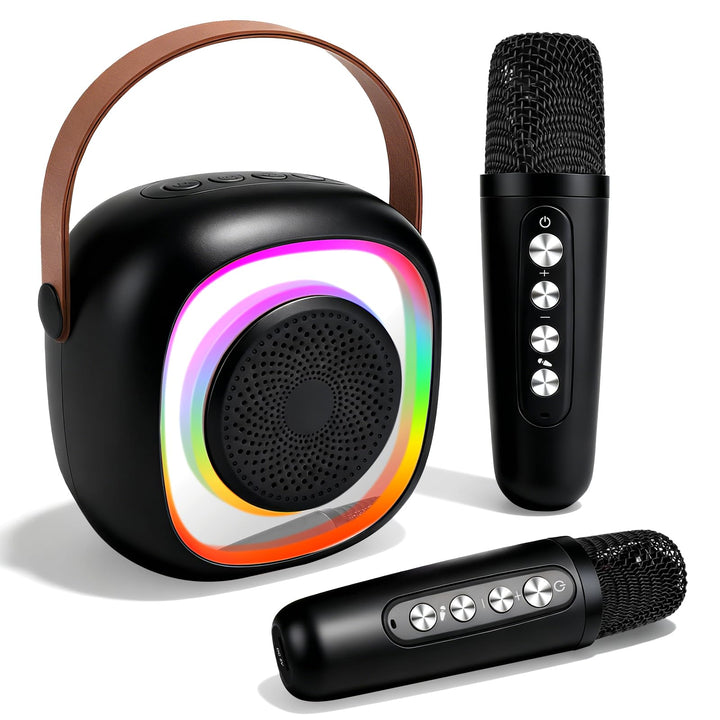 Karaoke Maschine für Kinder Erwachsene, Bluetooth Karaoke Lautsprecher mit 2 Kabellosen Mikrofon, Mi