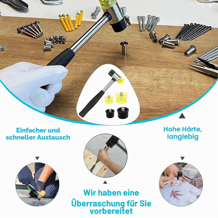 2 Stk Doppelkopf Gummihammer, Doppelkopfhammer 25/40mm mit Rutschfest Gummigriff & 8 Ersatz-Hammerkö