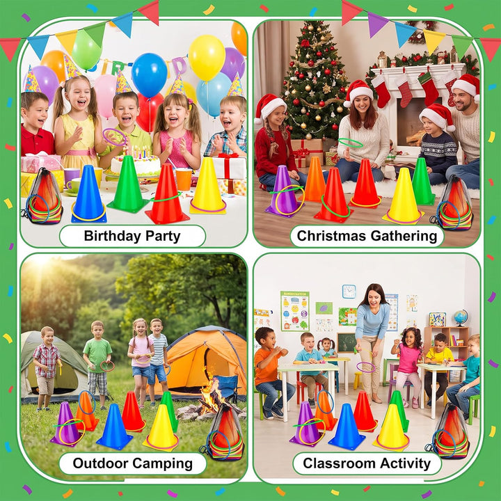 LAMEK Outdoor Spiele für Kinder Pylonen Cornhole Spiel Ringwurfspiele, Gartenspielzeug 3 in 1 Wurfsp
