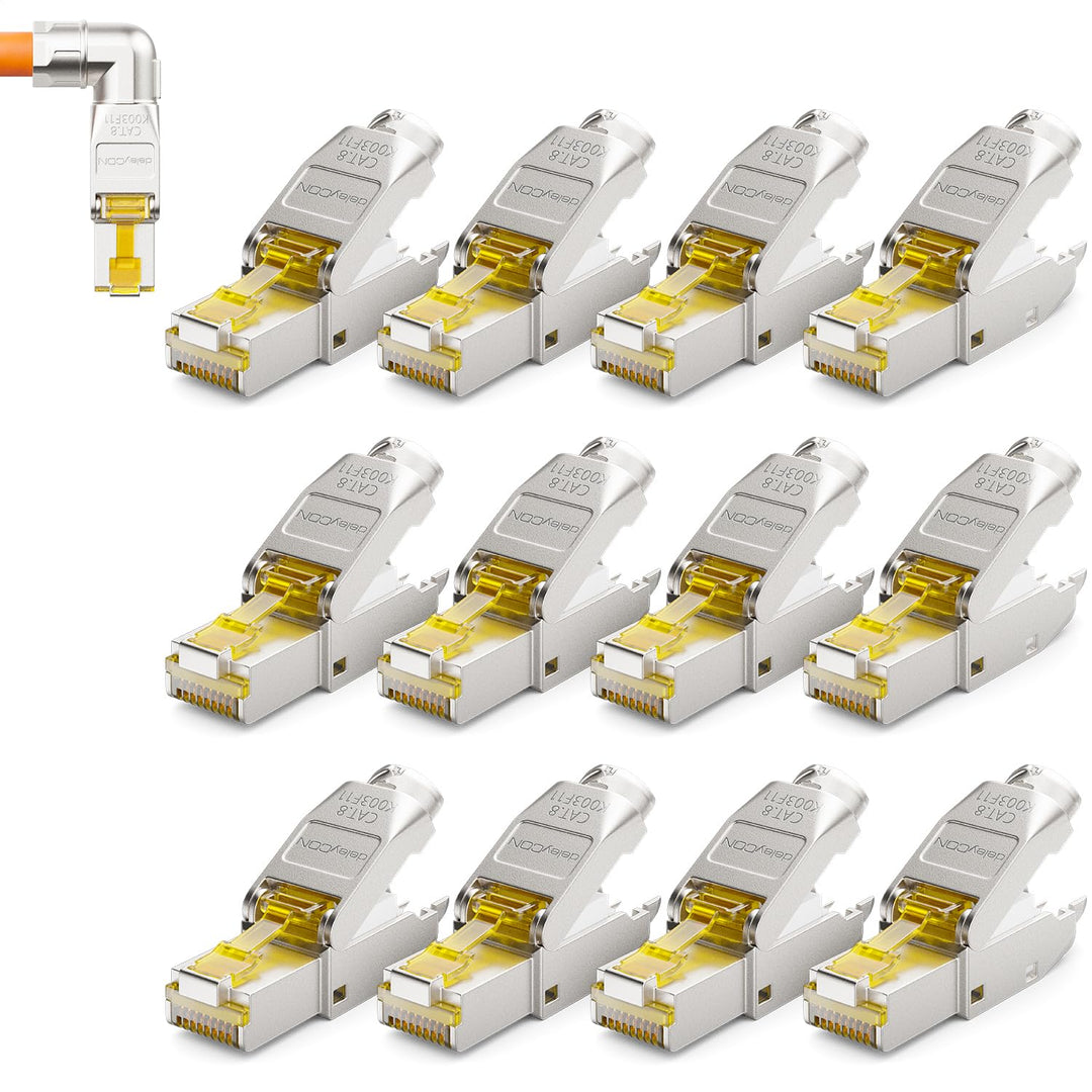 deleyCON 12x CAT 8 Netzwerkstecker 90° Winkel Stecker RJ45 Werkzeuglos Geschirmt 40 Gbit/s Netzwerk