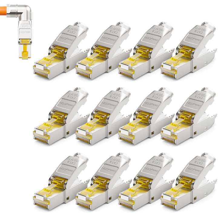 deleyCON 12x CAT 8 Netzwerkstecker 90° Winkel Stecker RJ45 Werkzeuglos Geschirmt 40 Gbit/s Netzwerk