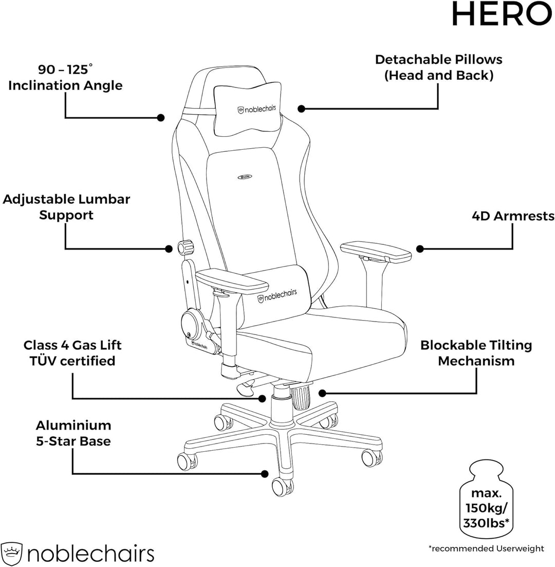 noblechairs Hero Black Edition Komfortable und Langlebige Gaming Stuhl mit Inklusive Kissen, Perfekt