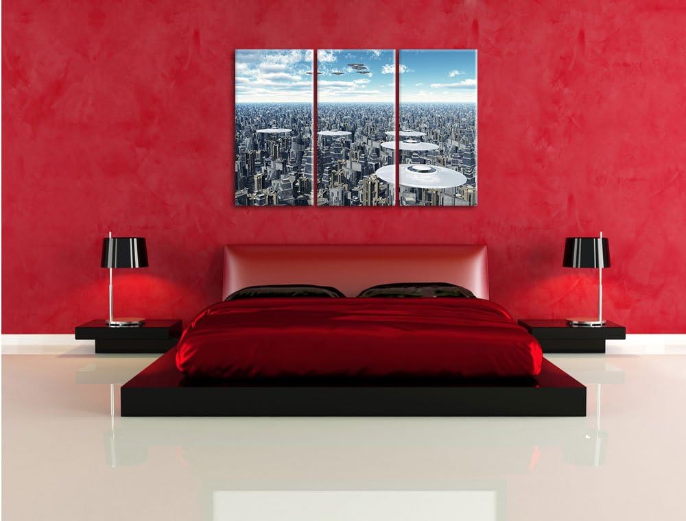 Pixxprint UFO´s über der Stadt als Leinwandbild/Grösse: 3Teilig / Wandbild/Kunstdruck/fertig bespann