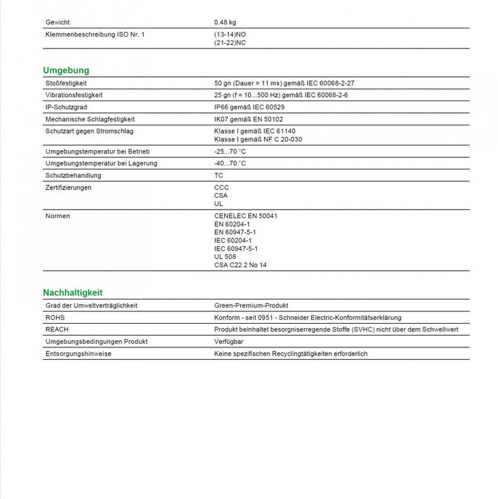 Schneider Electric - XCKJ Positionsschalter. Rollenh. Kunstst.r., 1Ö+1S, Sprungf., M20, XCKJ10511H29
