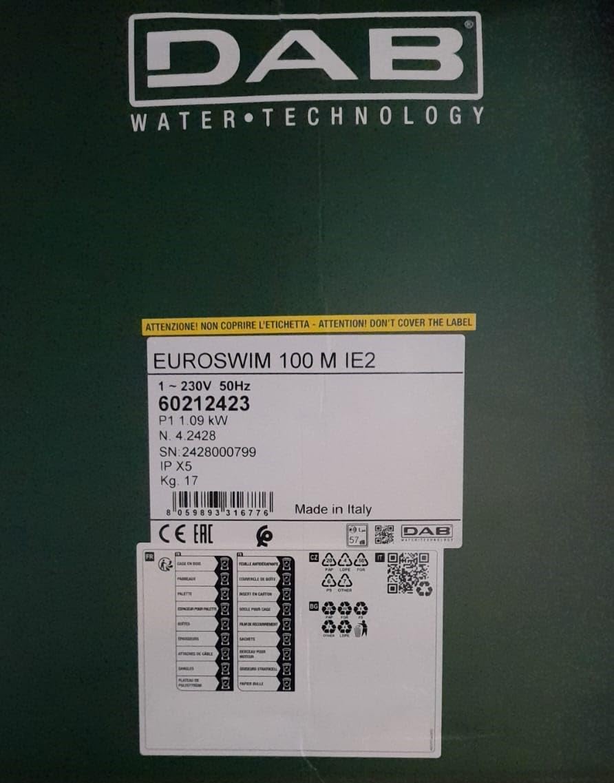 DAB EUROSWIM 100 M 1 HP Elektropumpe für Schwimmbäder, einphasig, selbstansaugend, leise, für Hausha