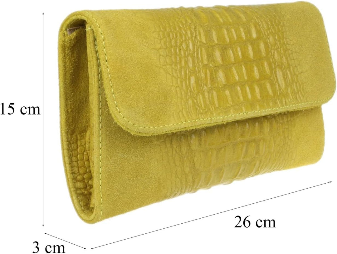 Girly Handbags Schlichte Clutch aus italienischem Wildleder mit Krokodilmuster, Gelb