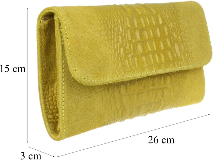 Girly Handbags Schlichte Clutch aus italienischem Wildleder mit Krokodilmuster, Gelb