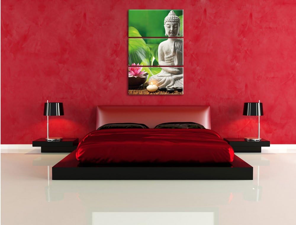 Pixxprint Seerose Buddha Statue als Leinwandbild/Grösse: 3 Teilig (120x80 cm) cm/Wandbild/Kunstdruck
