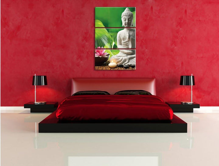 Pixxprint Seerose Buddha Statue als Leinwandbild/Grösse: 3 Teilig (120x80 cm) cm/Wandbild/Kunstdruck