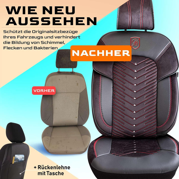 Autositzbezüge Universal für PKW & SUV – Premium Vordersitze Auto Sitzbezug aus Samt, Schwarz-Rot, A