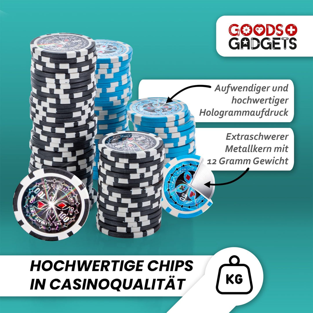 Profi Pokerkoffer Pokerset inkl. 300-500 schwerer 12g Metallkern Poker-Chips; Pokerdeck, Pokerkarten