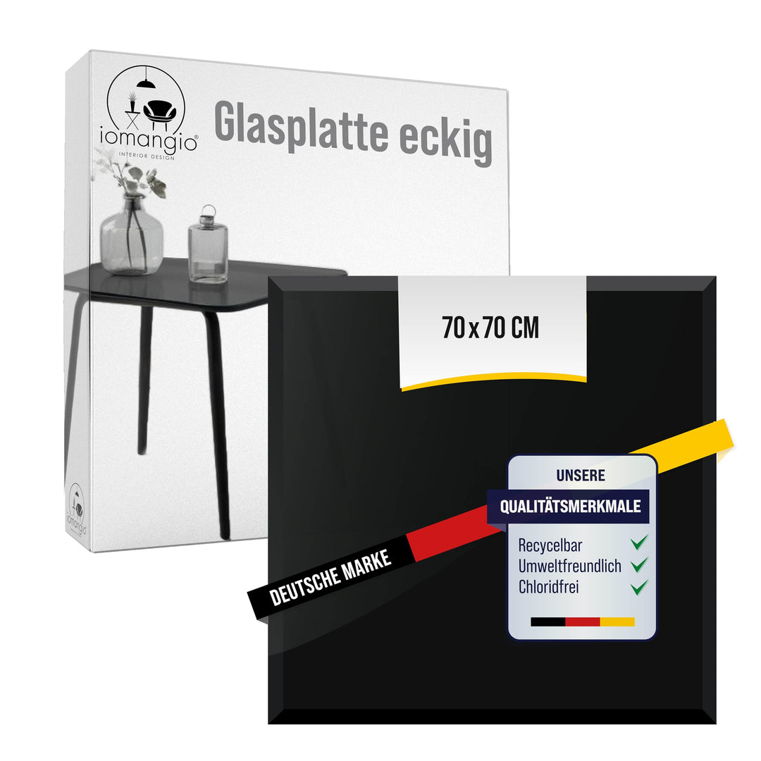 iomangio® Glasplatte Eckig 70 x 70cm Schwarz - Glasscheibe aus gehärtetem ESG Glas 6mm Dick – Tischp