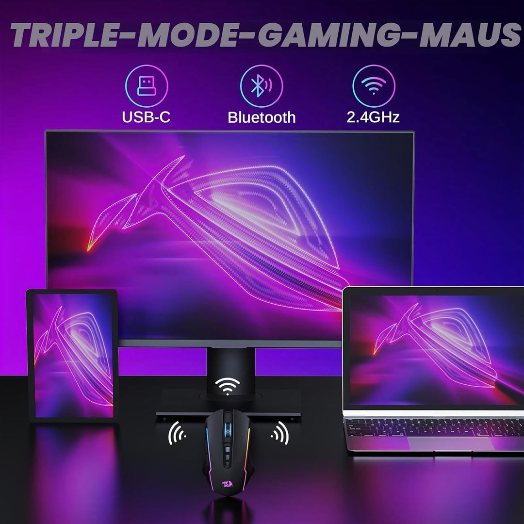 Redragon Gaming Maus Kabellose,RGB 2.4G/USB-C/Bluetooth Maus,Wiederaufladbare mit 9 Programmierbare