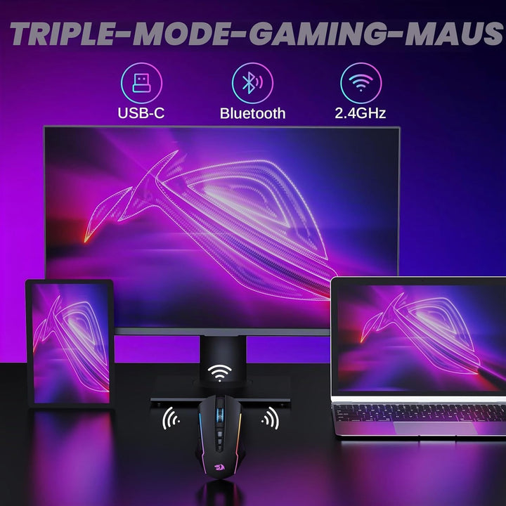 Redragon Gaming Maus Kabellose,RGB 2.4G/USB-C/Bluetooth Maus,Wiederaufladbare mit 9 Programmierbare