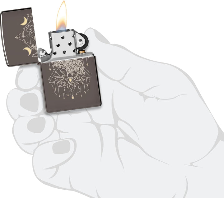 Zippo Sturmfeuerzeug - Elephant Lotus Flower, Black Ice, Laser Two Tone - Nachfüllbar - Wiederverwen