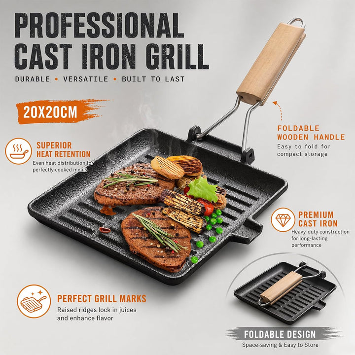 Steakpfanne Gusseisen,Grillpfanne mit Klappbarem Holzgriff Viereckige Grill Pan Induktion Für Alle H