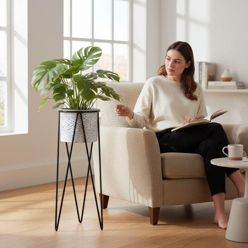 DanDiBo Blumenhocker mit Topf Metall Schwarz Weiss L 75 cm Blumenständer 96043 Blumensäule Modern Pf