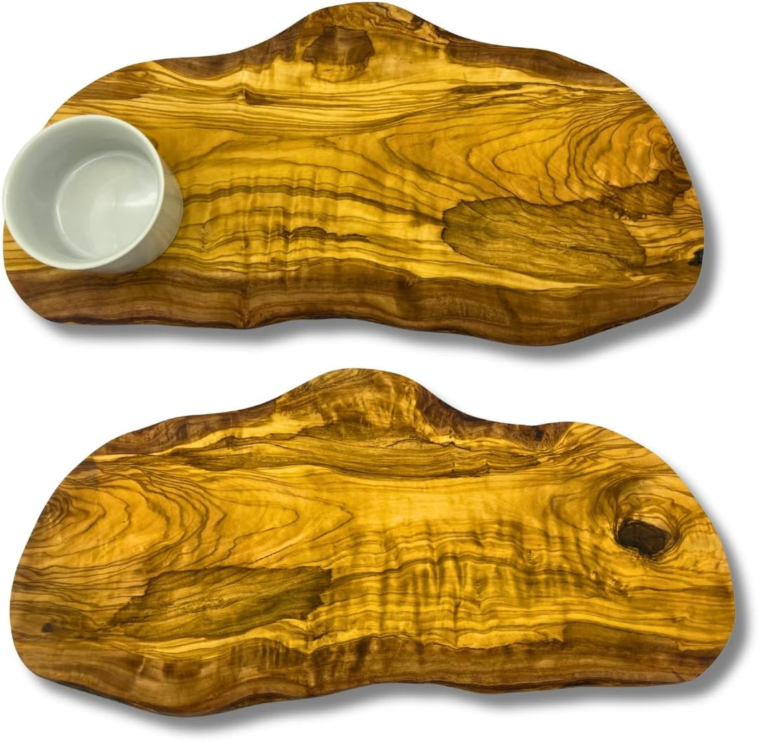 Olivenholzbrett inkl. Porzellanschale - rustikales Schneidebrett/Servierbrett mit Dipschälchen, Holz