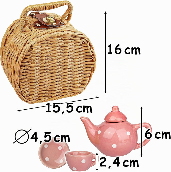 18 TLG. Set Picknick Korb - Puppengeschirr/Teeservice &amp; Kaffeeservice - Bunte Punkte - Geschirr Porz
