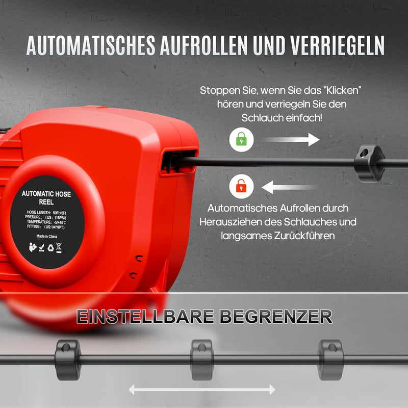 Hancaner Druckluftschlauchtrommel Automatisch 15m+1,5m, 1/4" Anschluss-24 Bar max. Druck, 180° Schwe