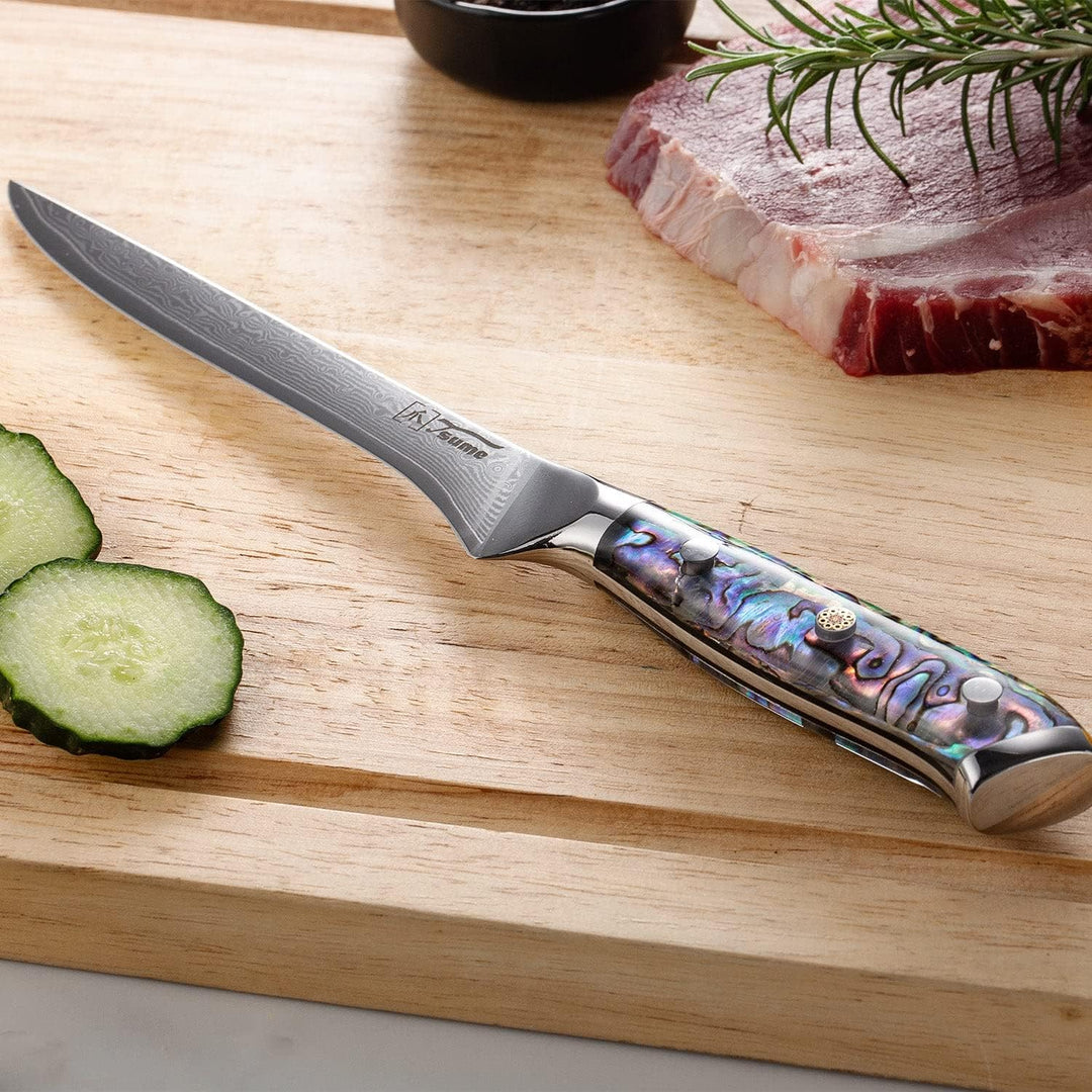 Tsume Filetiermesser Abalone, Klingenlänge 15cm, Echtes Damast Küchenmesser mit Perlmuttplatten, 67