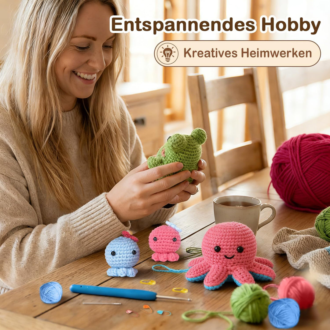 Ktmeor Häkelset für Anfänger, Häkeltier-Set, 2 Oktopus für Erwachsene und Kinder, mit Schritt-für-Sc