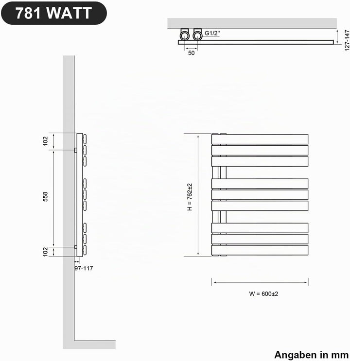 SONNI Badheizkörper Flach Handtuchtrockner 762 x 600 mm Weiss Handtuchwärmer Seitenanschluss Panel H