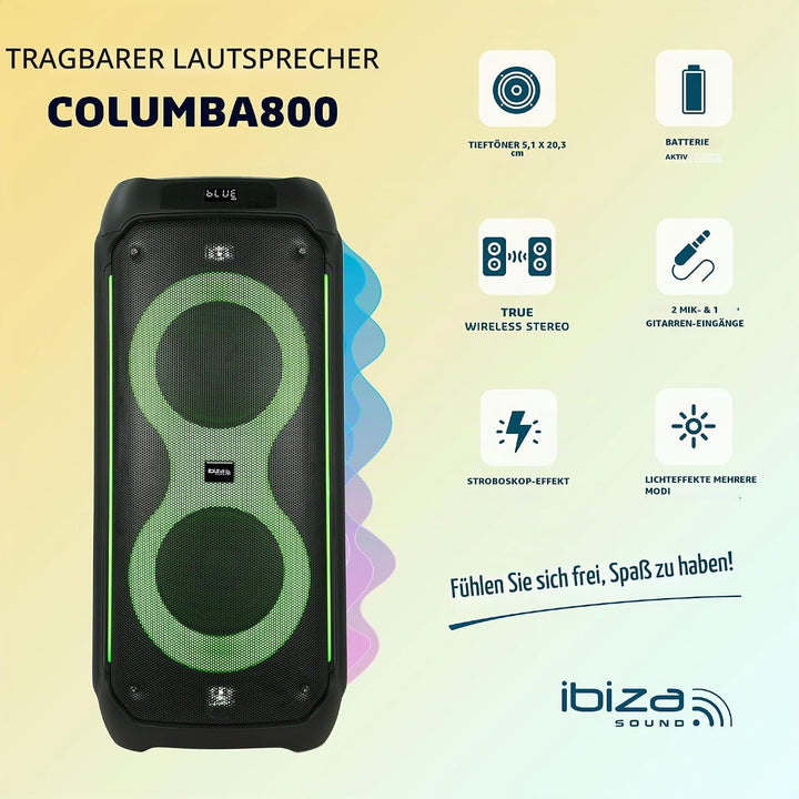 Ibiza - COLUMBA800 - Leistungsstarker 2x8/20cm Akku-Lautsprecher - Bluetooth, Micro-SD, USB, Aux, 2