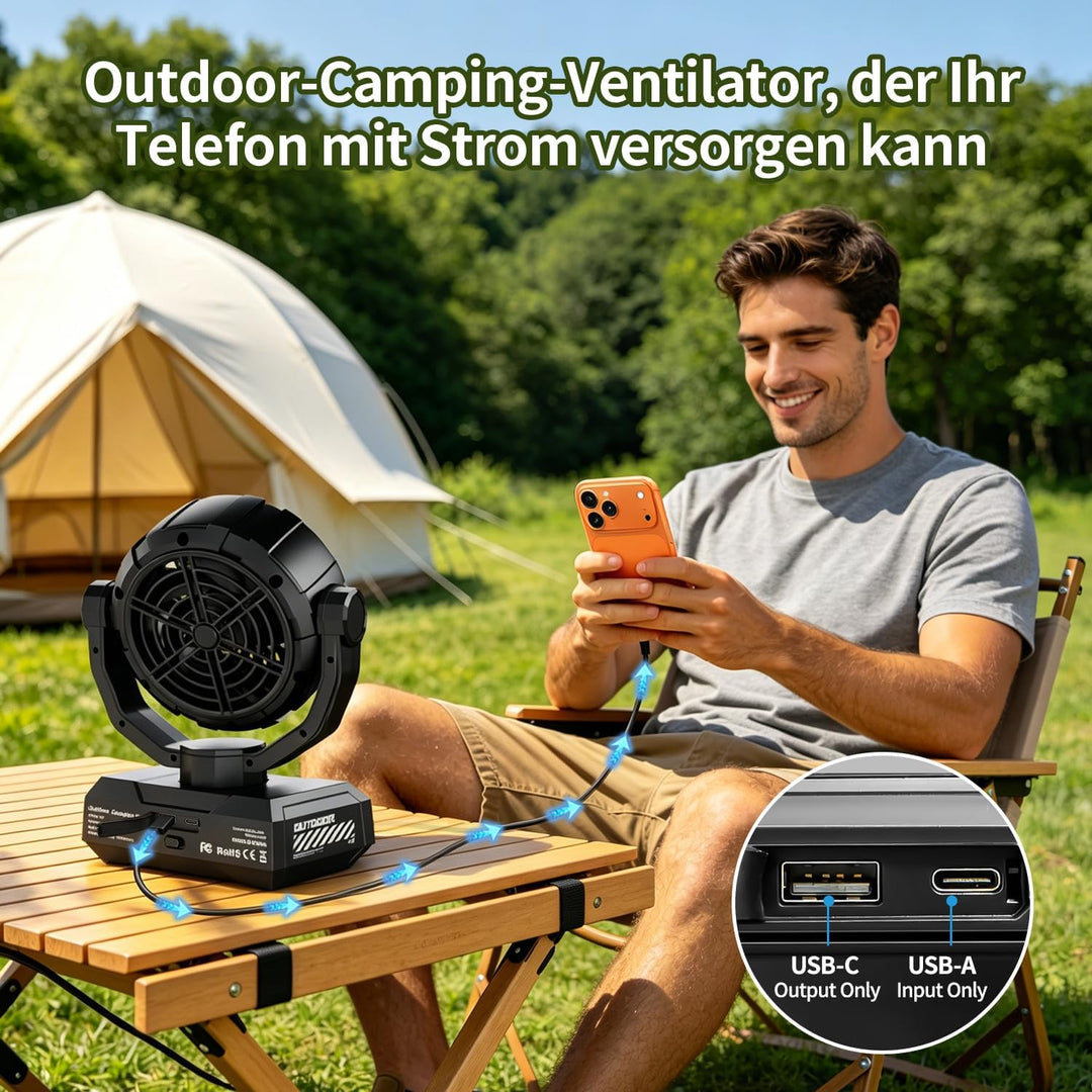 Outdoor Kopfschütteln Camping Ventilator, 20000mAh Akku Mobiler Hängen Zelt Ventilator mit LED Later