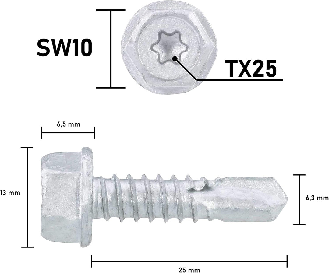 Sechskant-Bohrschraube SW10 + TX25, Zinklammellenbeschichtung, Unterkopf-Sperrverzahnung, 6.3x25 mm,