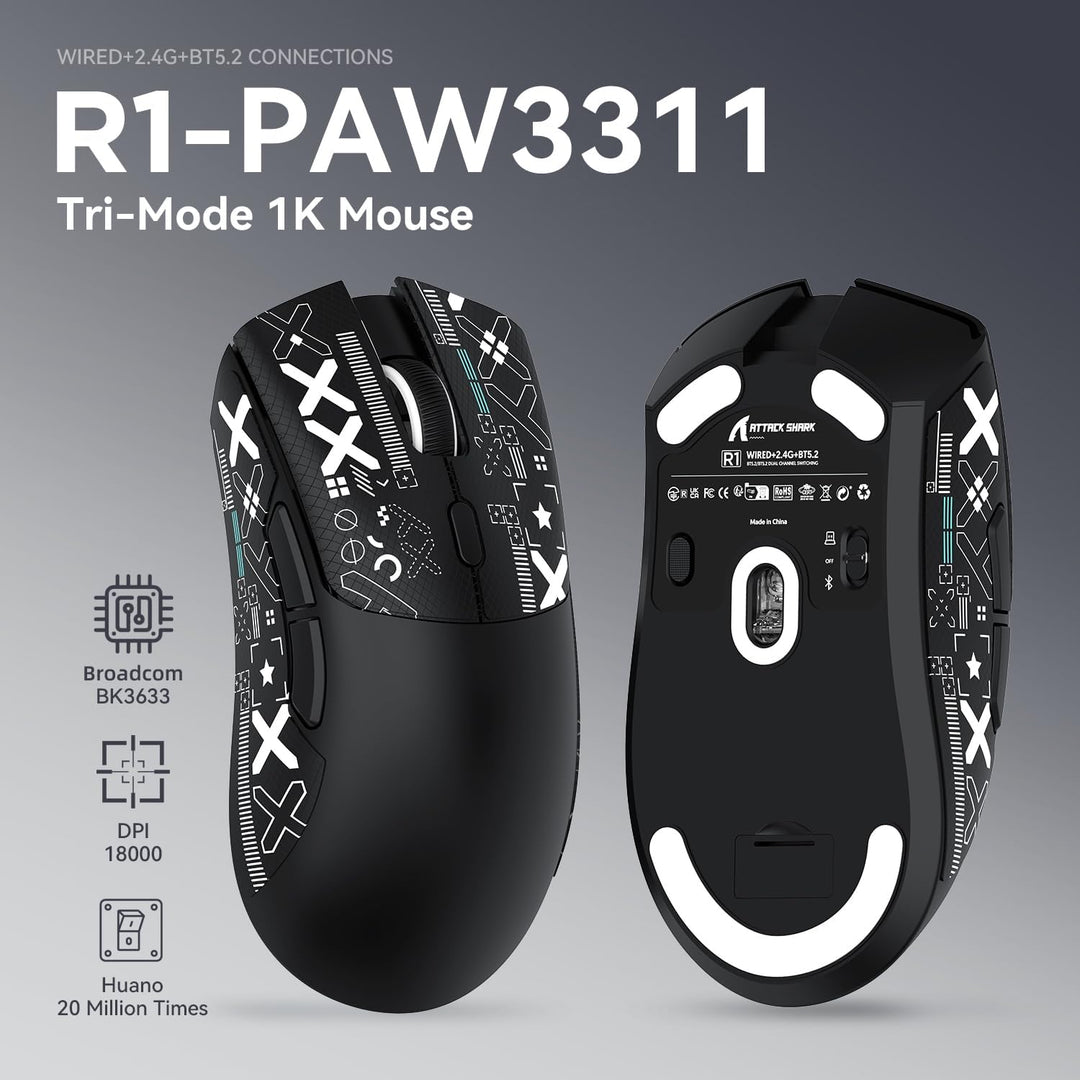 ATTACK SHARK R1 59g Superlight Maus mit Klebeband, PixArt PAW3311 Gaming-Sensor, BT/2,4G kabellose/k