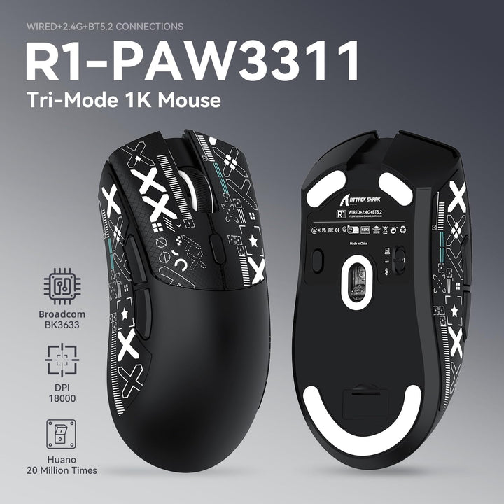 ATTACK SHARK R1 59g Superlight Maus mit Klebeband, PixArt PAW3311 Gaming-Sensor, BT/2,4G kabellose/k