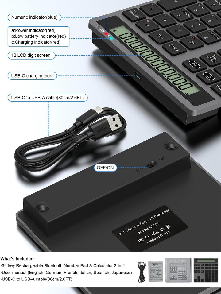 Bluetooth Nummernblock Taschenrechner Wiederaufladbar - 2-in-1 Kabelloser & Kabelgebundener Ziffernb