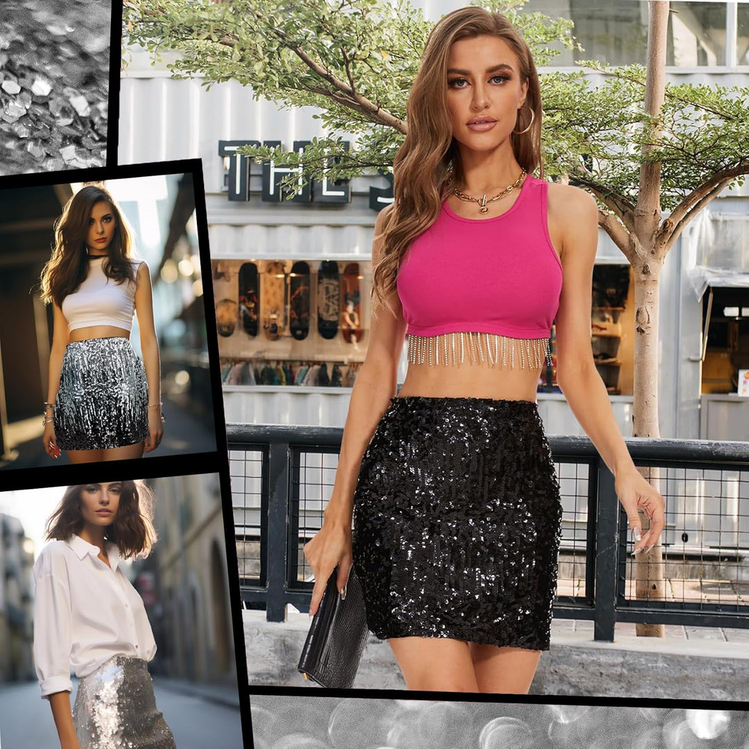 Durio Pailettenrock Für Damen Glitzer Rock Kurz Damen Sexy Midi Skirt Hüftrock mit Elastische Taille