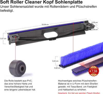 Bodenplatte + weiche Plüschstreifen + Rollen kompatibel mit Dyson V6 V7 V8 V10 V11 Weiche Rolle Stau