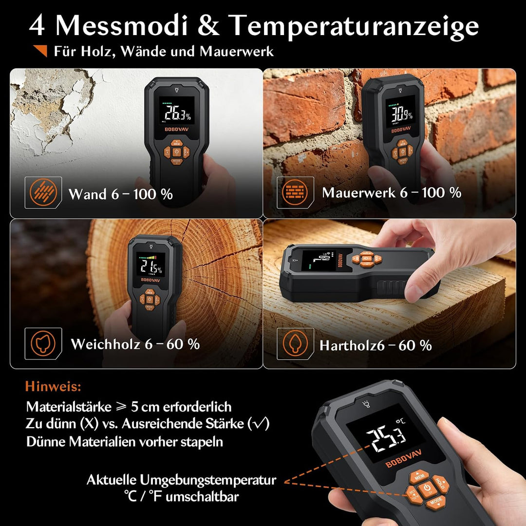 Pinless Digitaler Feuchtigkeitsmesser Feuchtigkeitsmessgerät ohne Einstich, 19mm Messtiefe LED-Anzei
