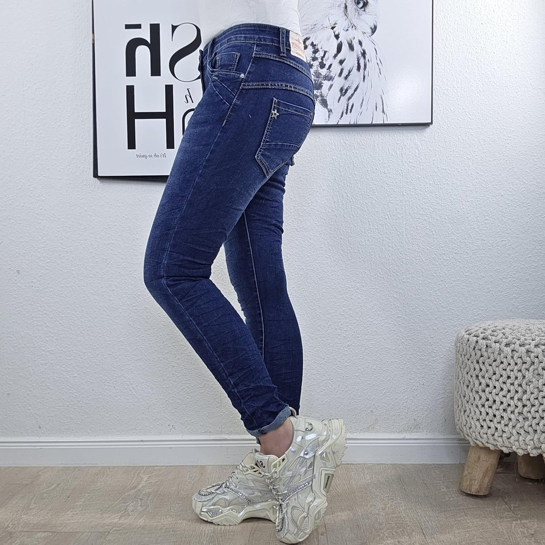 Jewelly Stretch Jeans| im Baggy Boyfriend Schnitt| Damen Hose mit dekorativer Knopfleiste| Perfekter