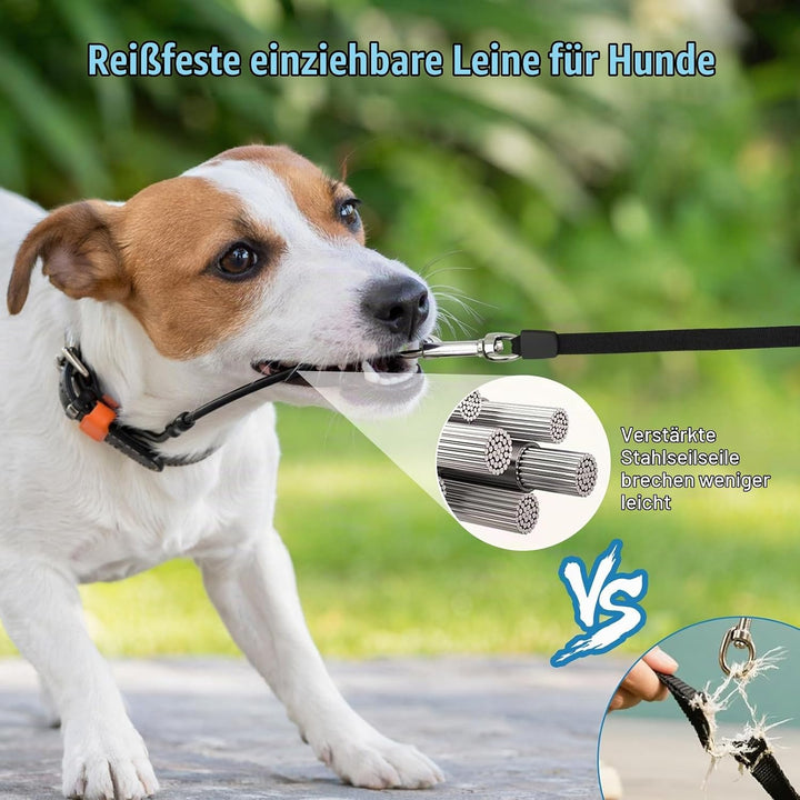 8m Rollleine Hundeleine ausziehbar für grosse Hunde bis 50kg, mit beissfeste Stahlseil-Verlängerung,