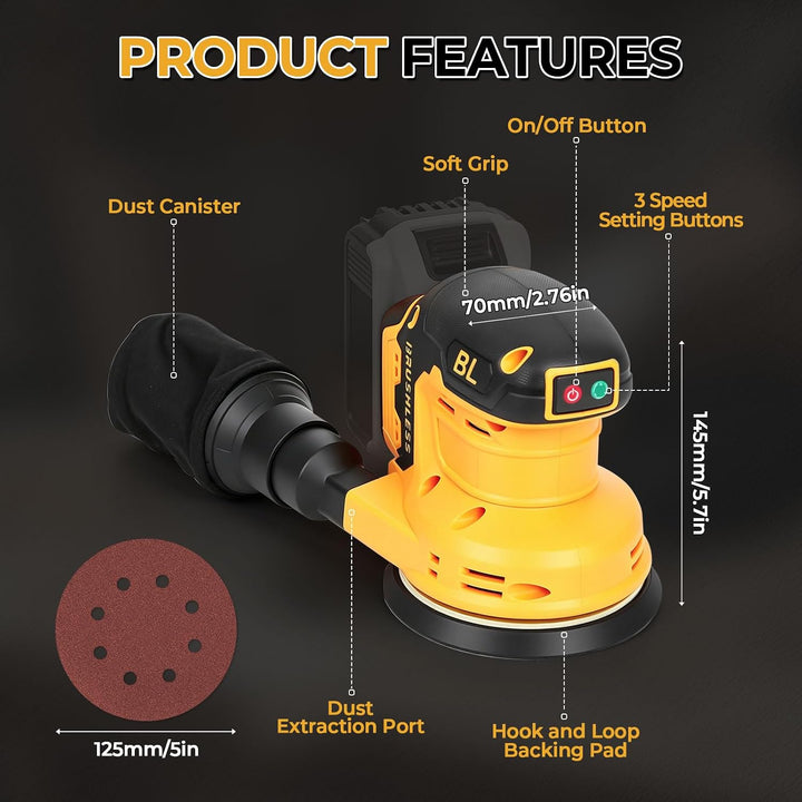 Akku-Exzenterschleifer, Kompatibel mit Dewalt 20V Batterie, 3 Geschwindigkeiten, 9700-19000 U/min Bü