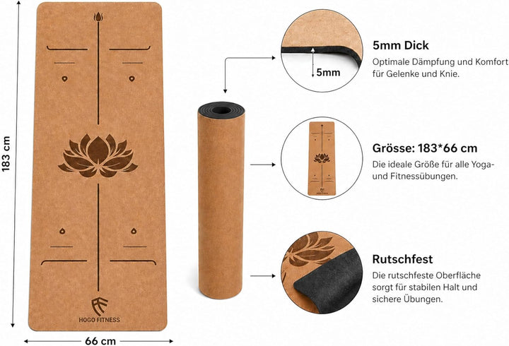 Premium Kork Yogamatte (5 mm, 183×66 cm) – Rutschfeste Fitnessmatte mit Ausrichtungslinien – Umweltf