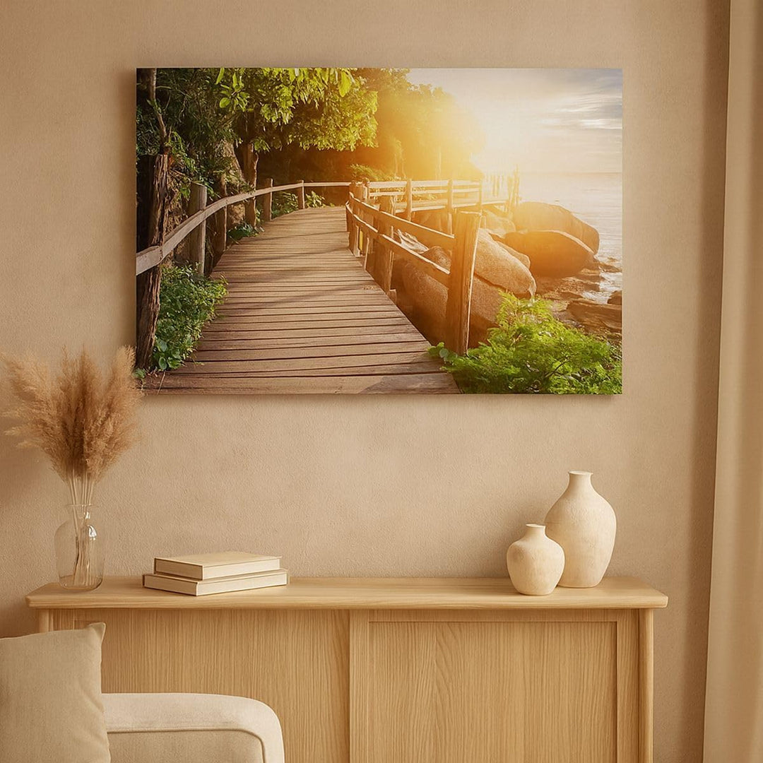 Bilder auf Leinwand 100x70cm Leinwandbild mit Rahmen Brücke Meer Welle Gross Wanddeko Bild Schlafzim
