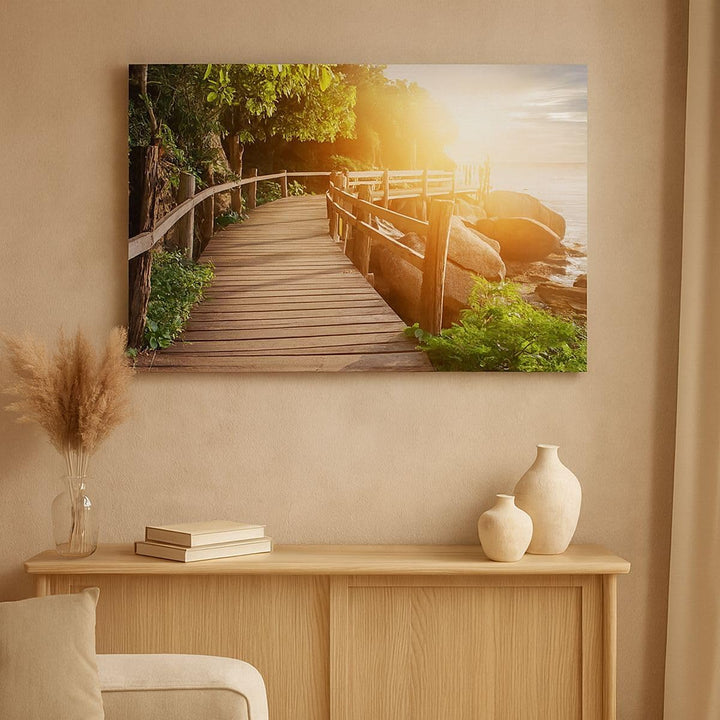 Bilder auf Leinwand 100x70cm Leinwandbild mit Rahmen Brücke Meer Welle Gross Wanddeko Bild Schlafzim