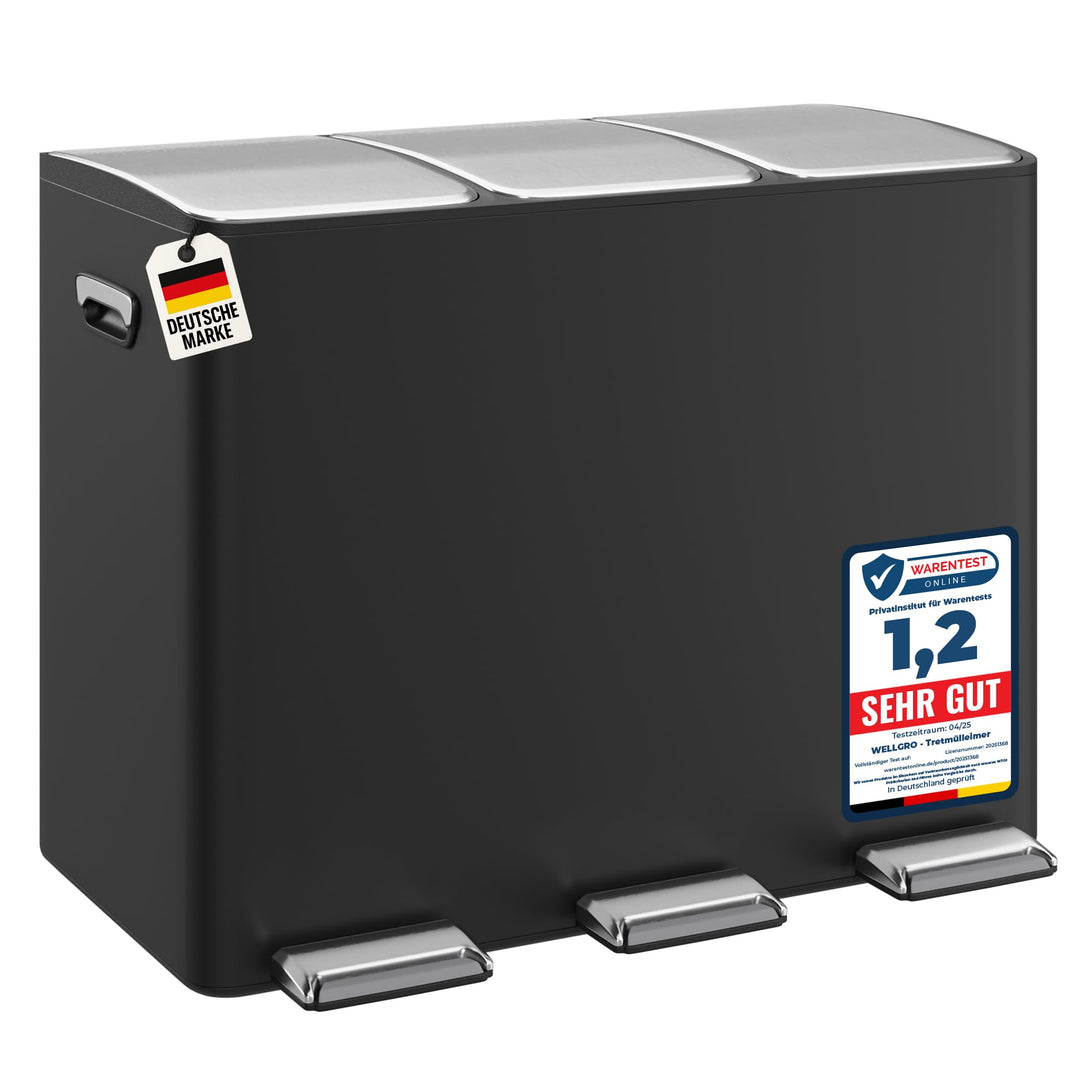 WELLGRO Treteimer, Mülleimer, Edelstahl Tretmülleimer mit 3 x 15 Liter, klappbaren Fusspedalen, Abse