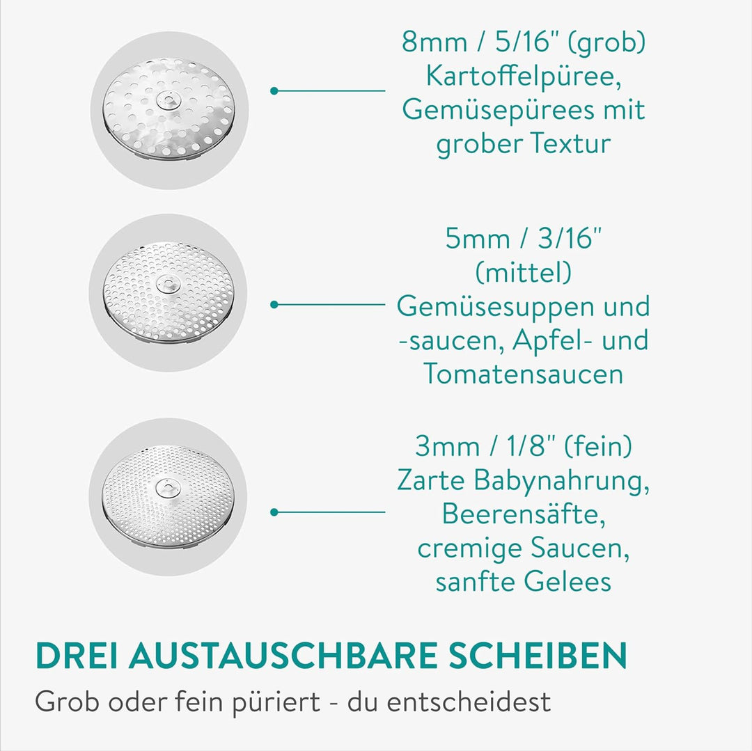 Navaris Passiergerät aus Edelstahl mit 3x Siebeinsatz - Passiermühle für Suppe Marmelade Baby Brei S