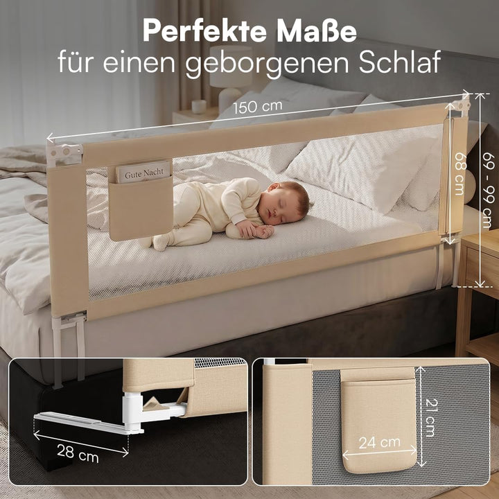 Bellabino Drina Rausfallschutz – Bettschutzgitter 150 cm Beige – Bettgitter höhenverstellbar 69-99 c