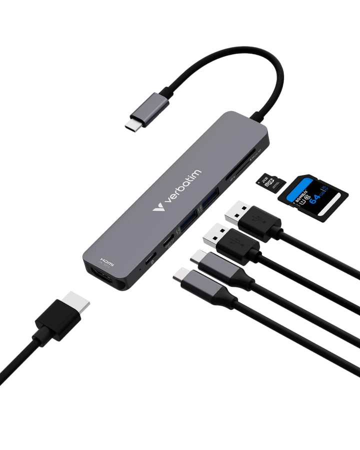 Verbatim USB-C Essentials Multiport Hub, 7 Anschlüsse: HDMI, USB-C 3.2 Gen 1, USB-C PD bis 100W, 2×