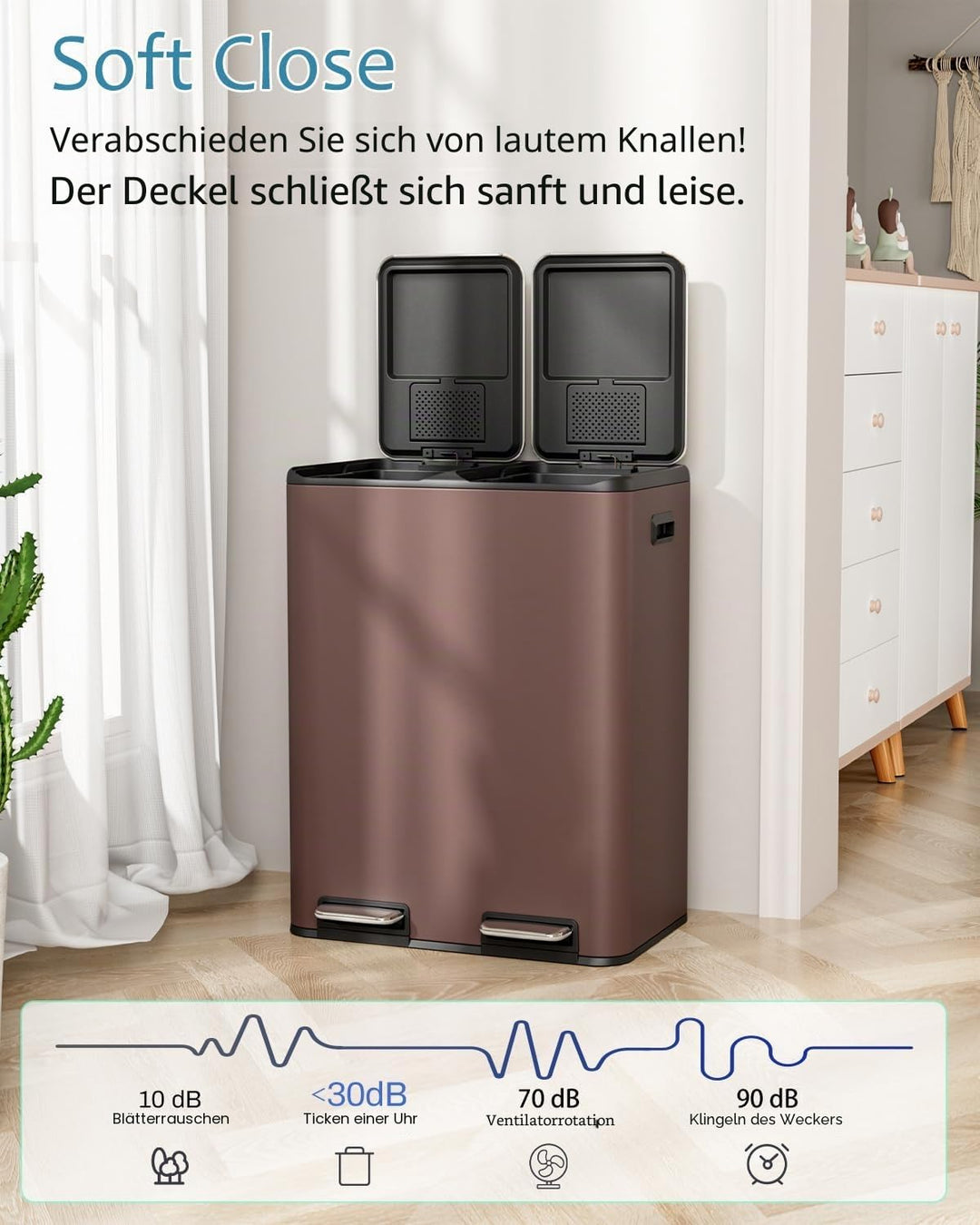 Clevich Mülleimer Küche,2 x 30 Liter Treteimer mit Geruchsfilter,Mülltrennsystem 2 Fächer,Metall Dop