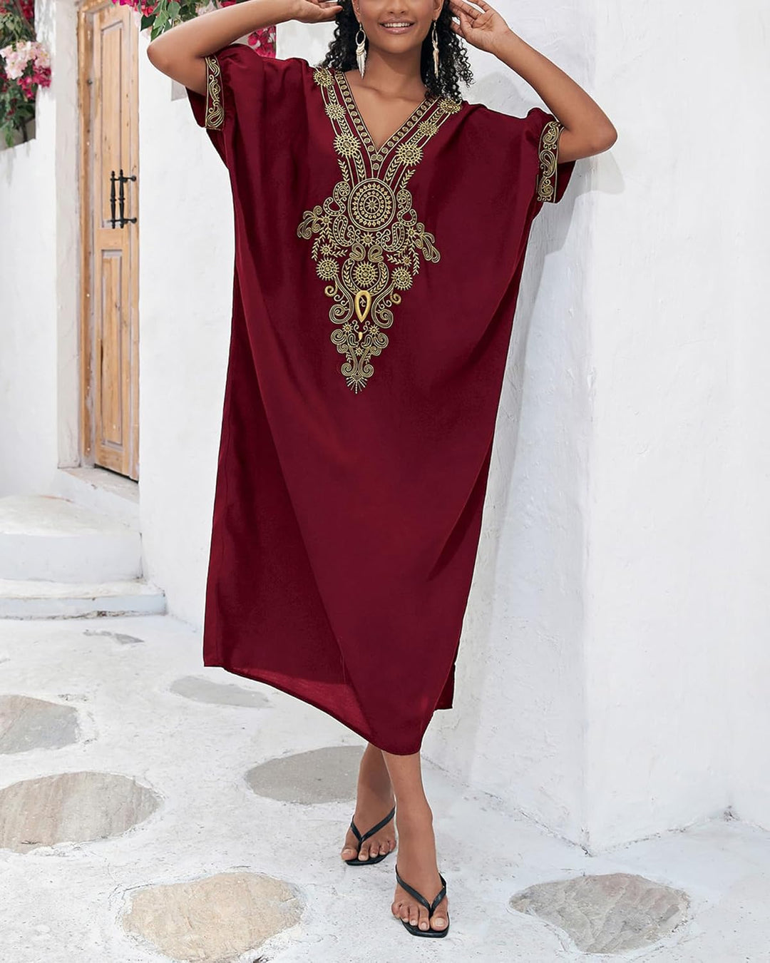 Bsubseach Damen Stickerei Kurzarm Bikini Strandkleid Side Split Beach Kaftan Kleid L-maroon, L-maroo