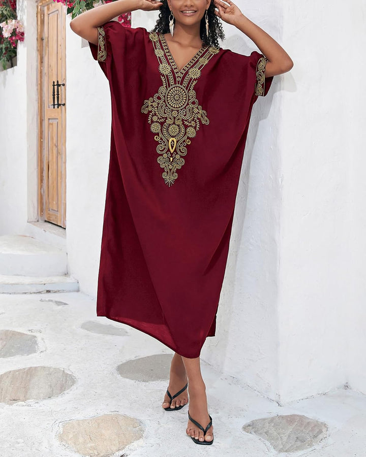 Bsubseach Damen Stickerei Kurzarm Bikini Strandkleid Side Split Beach Kaftan Kleid L-maroon, L-maroo