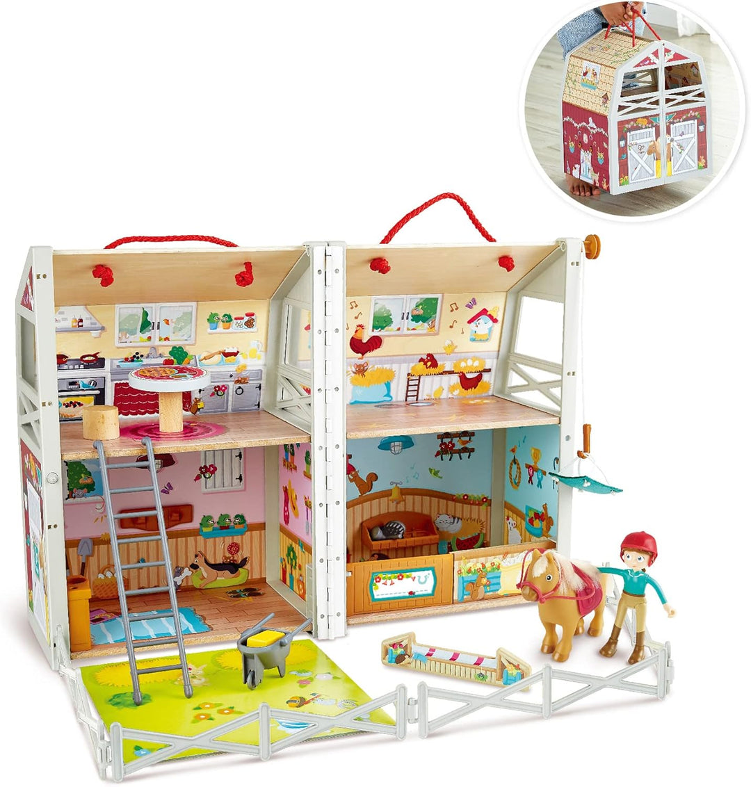 Hape International Hape International Hape Ponyhof | Reiterhof mit viel Zubehör, faltbar zum Mitnehm